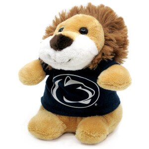 plush stuffed stubby lion wearing navy t-shirt with Penn State Athletic Logo